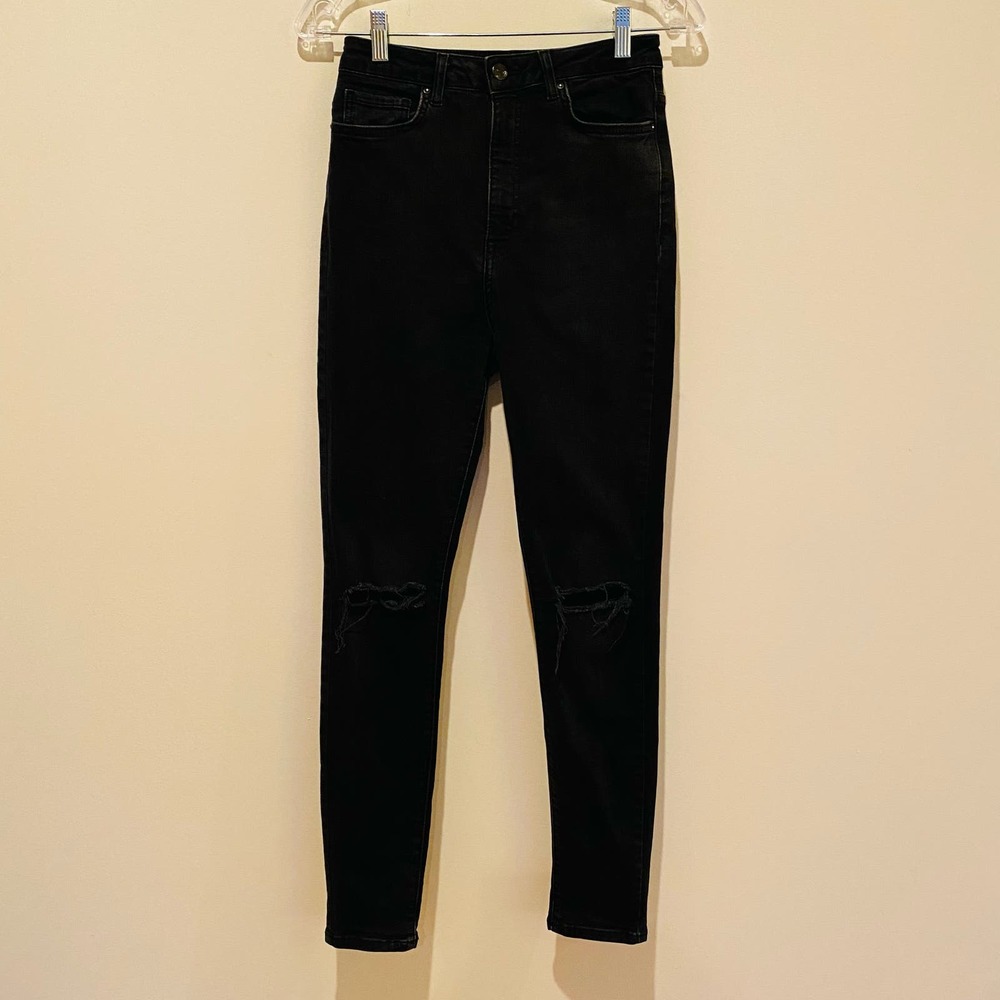 Forever 21 Black Denim High Waisted Distressed Jeans with Ripped Knees Sz 27